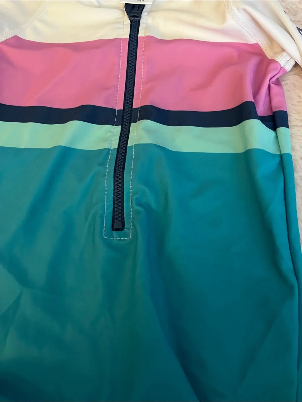 Rugged Butts Colorblock Zip-Front One-Piece Swimsuit in Pink, Teal & White